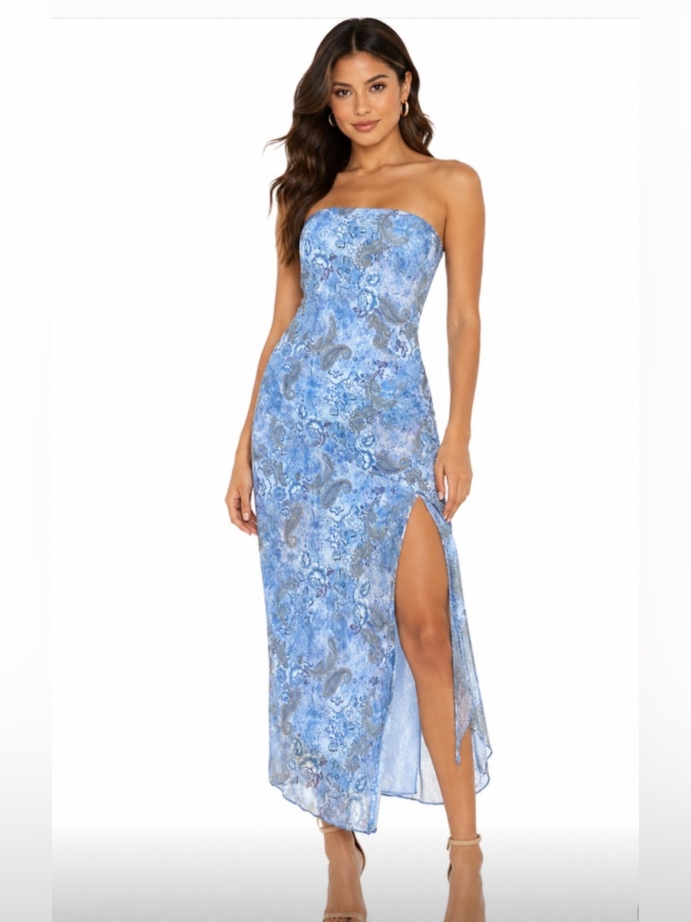 See You Monday Blue Paisley Strapless Maxi Dress with Thigh Slit